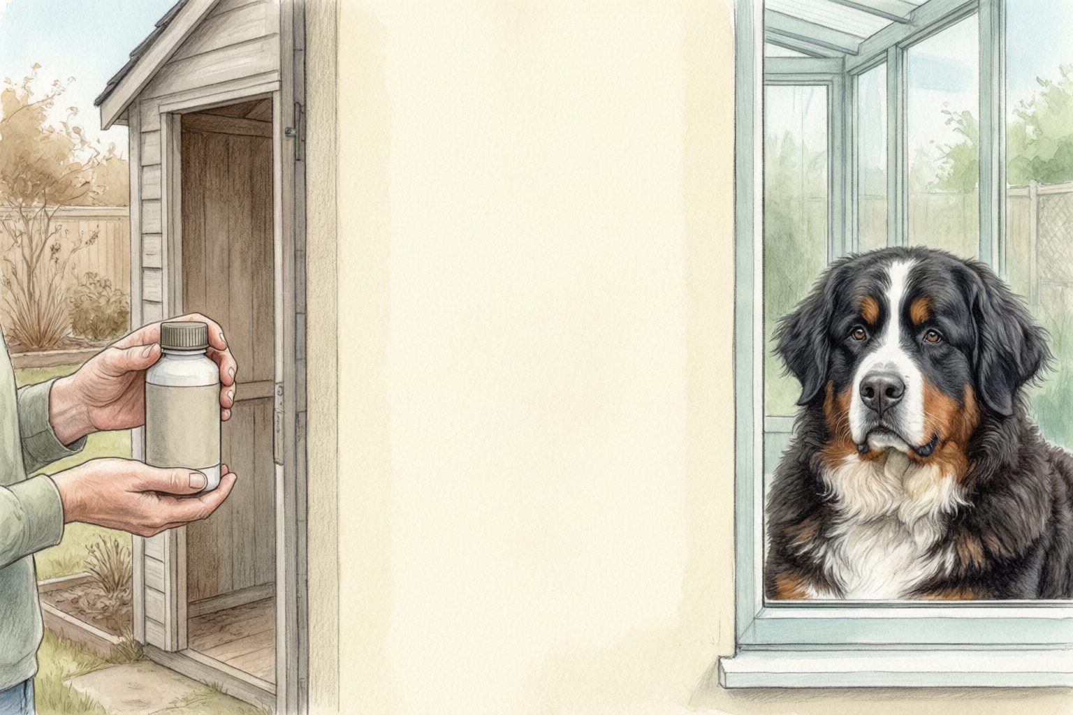 Illustration of a person holding a plain container outside a shed while a Bernese mountain dog watches from behind a window.