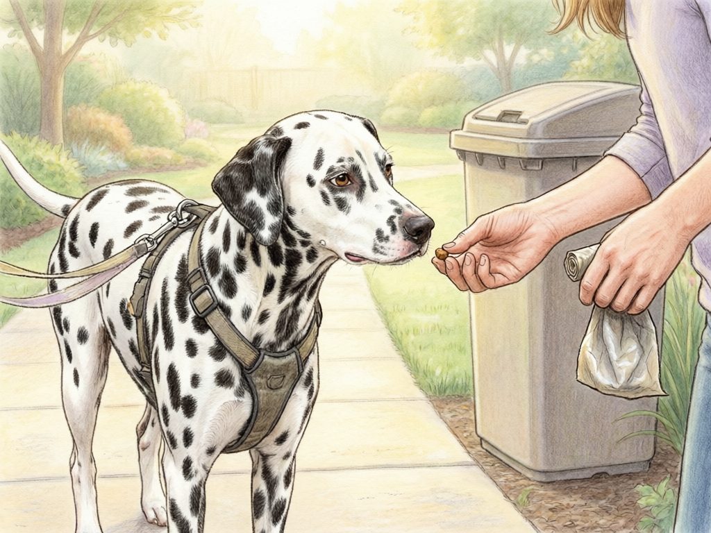 Owner rewarding a Dalmatian for looking back during a clean garden walk on a loose leash.
