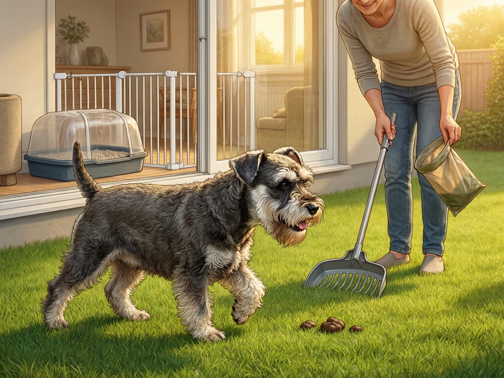 Owner holding a cleanup rake and waste bag on a lawn while a schnauzer stands nearby, with a litter box separated behind an indoor gate.