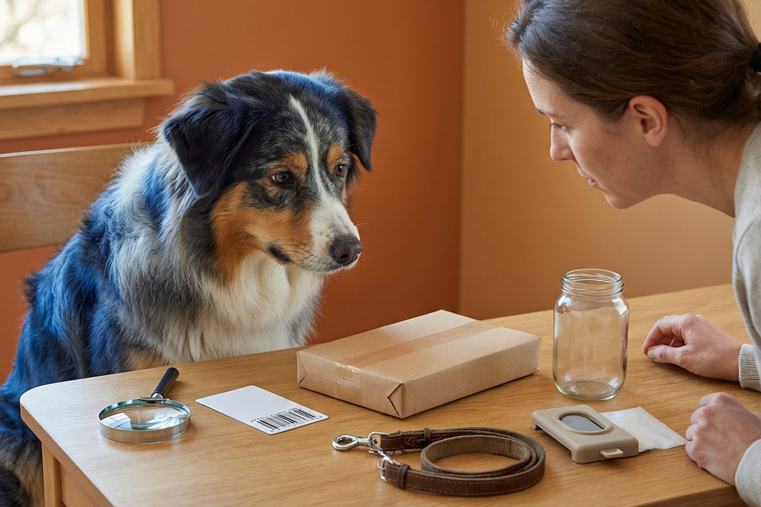 Owner and tricolor dog beside a plain parcel, barcode card, magnifying glass, empty jar, and leash.
