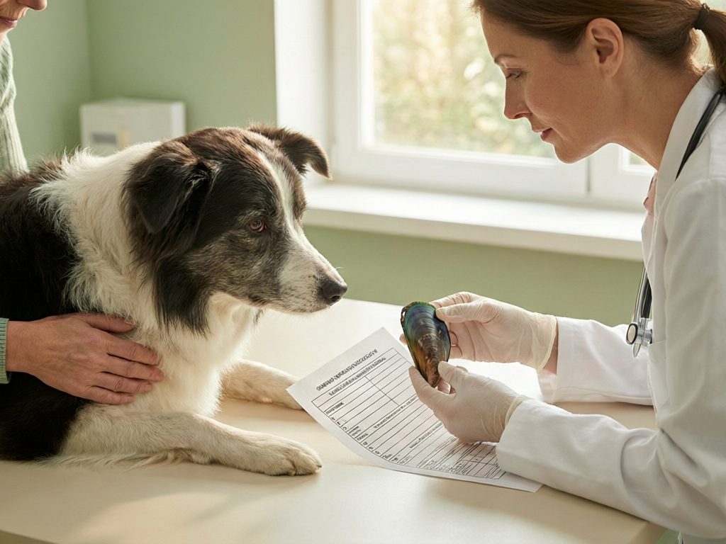 Veterinarian holding a green mussel shell and a printed sheet beside a black-and-white dog and its owner.