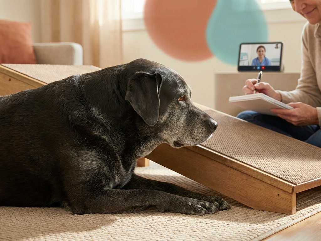 Gray-muzzled black dog resting beside a carpeted ramp while an owner takes notes during a veterinary video call.