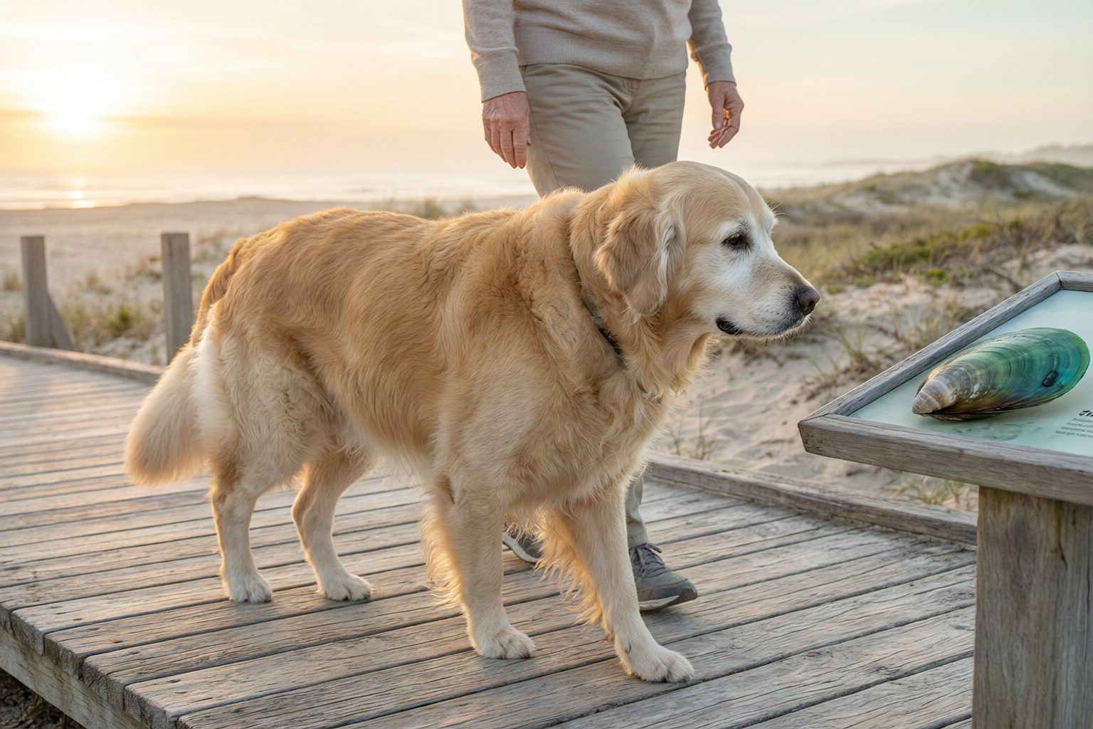 Gray-muzzled golden retriever standing with an owner on a coastal boardwalk beside a display featuring a green mussel shell.